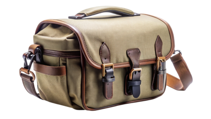 Vintage textured camera bag with leather accents and buckle closures isolated on transparent background