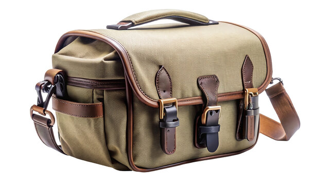 Vintage textured camera bag with leather accents and buckle closures isolated on transparent background