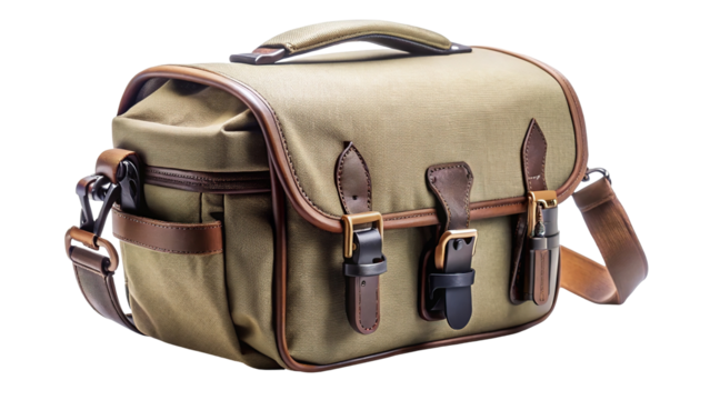Vintage textured camera bag with leather accents and buckle closures isolated on transparent background