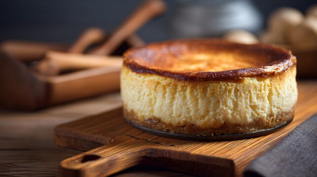 Whole cheesecake on wooden cutting board, natural rustic mood - Powered by Adobe