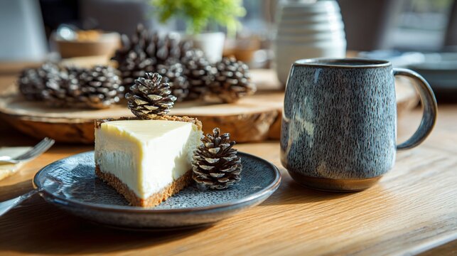 Wooden table setting with cheesecake, pine cones, and ceramic mug