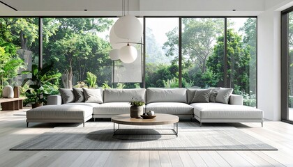 Modern Interior Living Room Design with Panoramic Windows and Outdoor View