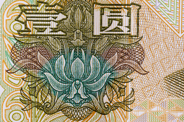 Extreme Macro Detail of Chinese One Yuan Banknote Showing Lotus Flower Design