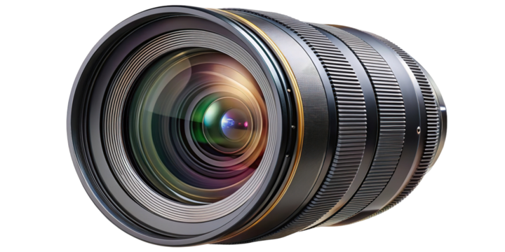 Close up of a professional camera lens with intricate details and colorful reflections isolated on transparent background