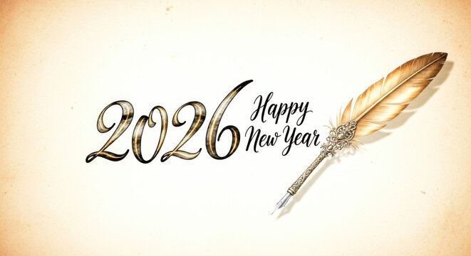 Vintage happy new year 2026 greeting with elegant quill pen on aged parchment background Vector - Powered by Adobe