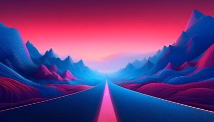 Vibrant Surreal Landscape With A Road Leading Through Blue Mountains Under A Dramatic Red And Pink Sky Concept Of Journey And Adventure Mountain View Clean Minimalistic Flat Background