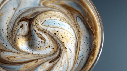 A close-up of milkshake swirl pattern inside transparent glass, strong side lighting