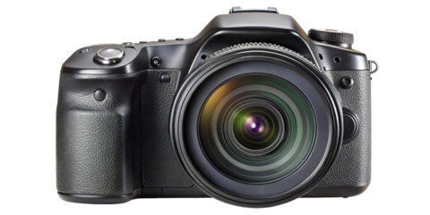 Professional dslr camera with a large lens reflecting light isolated on transparent background