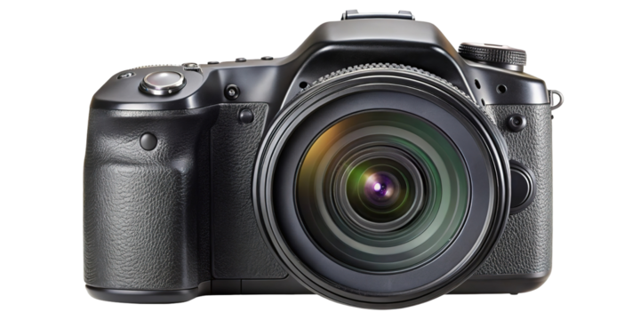 Professional dslr camera with a large lens reflecting light isolated on transparent background