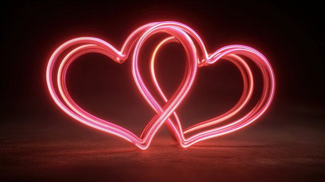 Intertwined Neon Hearts with Soft Glow on Dark Red Backdrop - Powered by Adobe