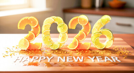 Bright citrus slices form 2026 with 'happy new year' text on a sunlit wooden board. Vector