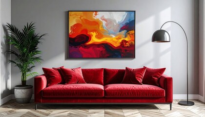 Elegant Living Room Interior Design with Abstract Art, a Red Sofa, and a Modern Lamp Design