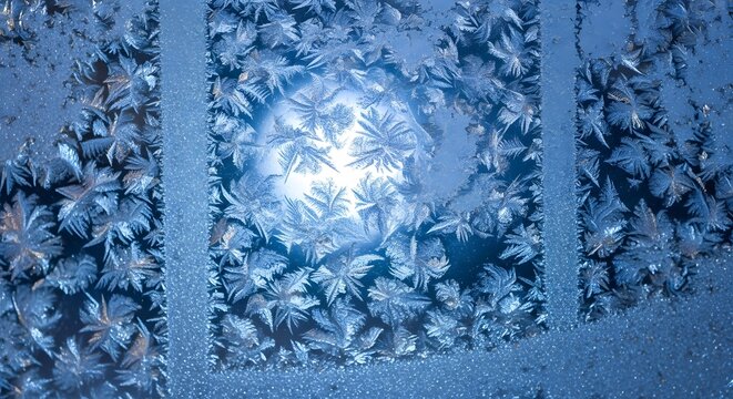 Close up of frost patterns on a window pane with a bright light shining through the center area - Powered by Adobe