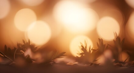 Abstract warm toned photo of plants with blurred bokeh lights in the background creating a soft glow