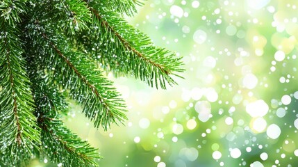 Frosted evergreen branches shimmer against a blurred, sparkling green backdrop during a winter day with soft snowflakes falling gently