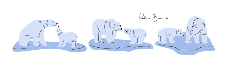 Mother bear and baby set. Motherhood, caring for offspring, protecting cubs. Flat vector illustrations of North animal. Ursus maritimus. Polar bears with cubs. Wild animals. Arctic white north animals