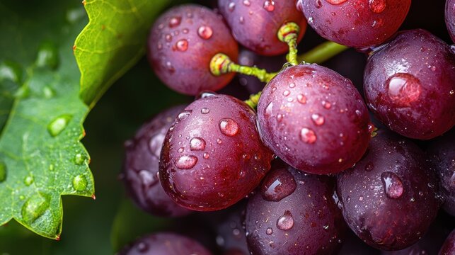 Fresh red grapes glisten with water droplets under natural light in a lush green setting - Powered by Adobe
