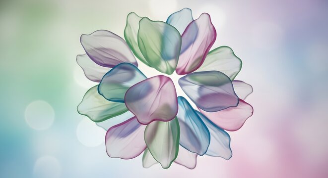 Translucent flower petals arranged in a circular pattern against a soft pastel bokeh background