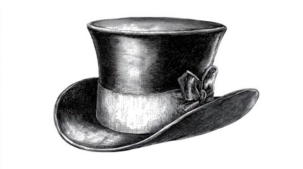 Elegant black top hat with a glossy finish and delicate ribbon detail against a plain background
