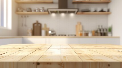 Wooden table in modern kitchen with blurred background. Wood rustic counter for product display, showcasing bright and clean interior design, ideal for cooking and home lifestyle