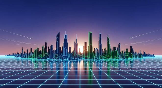 Futuristic city skyline with neon grid and glowing horizon under a gradient sky at sunset time
