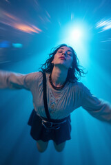 Woman Levitating in Surreal Blue Luminous Tunnel