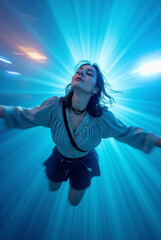 Woman Levitating in Surreal Blue Luminous Tunnel