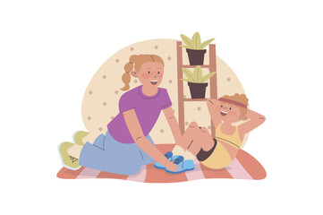 Family sport concept with cartoon people for web design. Mother and daughter doing exercises together at home, practising different workouts, developing strong body and energy. Vector illustration.