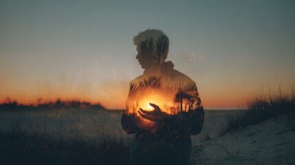 Double Exposure of Man with Glowing Heart at Sunset Horizon