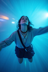 Woman Levitating in Surreal Blue Luminous Tunnel