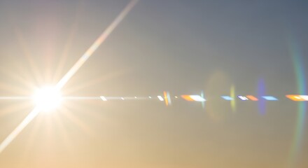 Naklejka premium Bright sunlight shining through the atmosphere creating a lens flare effect with rainbow colors visible