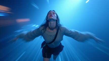 Woman Levitating in Surreal Blue Luminous Tunnel