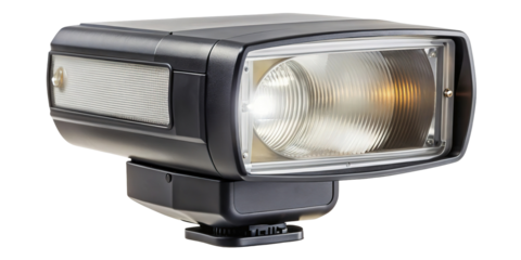A black photographic flash unit with a clear lens and textured reflector isolated on transparent background