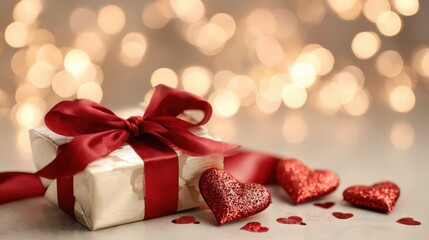 Fototapeta premium Romantic Gift with Red Ribbon and Glitter Hearts on Illuminated Background