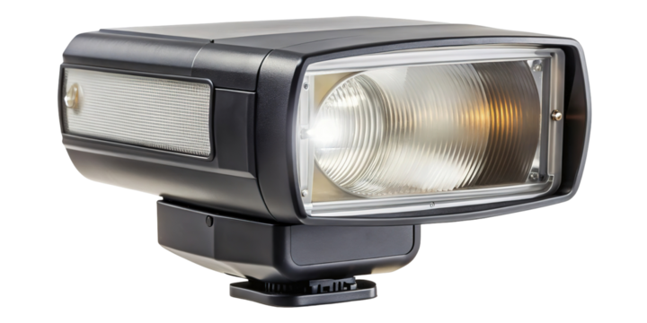 A black photographic flash unit with a clear lens and textured reflector isolated on transparent background