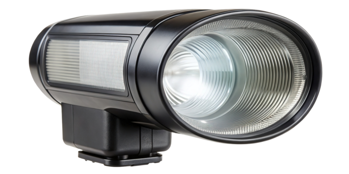 Powerful black metal led spotlight with reflector and mounting bracket isolated on transparent background