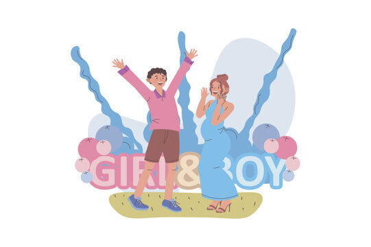 Gender party concept with cartoon people for web design. Pregnancy mother with father at baby shower reveal party, stand in pink and blue balloons, celebrating girl or boy birth. Vector illustration. - Powered by Adobe