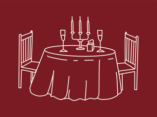 Vector doodle illustration of a dining table with a tablecloth, chairs, glasses, and a candlestick. A setting for lunch or a date at a cafe.