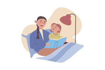 Children learning concept with cartoon people for web design. Mother reading book with daughter while sitting in bed, girl listening story and enjoying literature with parent. Vector illustration.