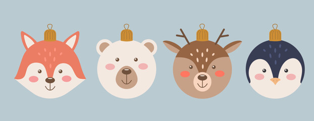 Cute vector Christmas baubles set with animals, white bear, penguin, reindeer and fox. Holiday hand drawn illustration of characters for decor in flat design.