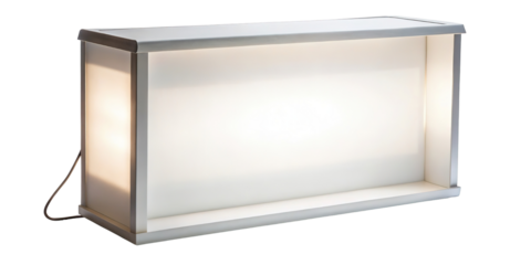 Illuminated lightbox display unit with frosted panel and metal frame isolated on transparent background