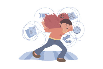 Mindset wellbeing concept with cartoon people for web design. Man with chaotic thoughts suffering from inner monster mascot, getting stress and anxiety from deadlines and tasks. Vector illustration.
