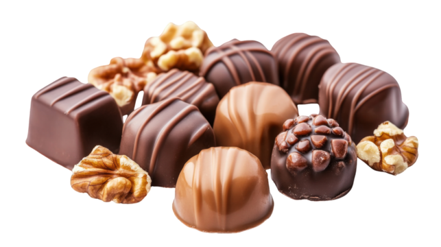 A pile of assorted chocolates with nuts on top
