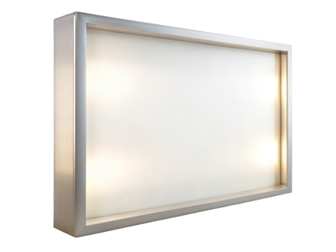 Illuminated light box with a clean white surface and silver frame isolated on transparent background