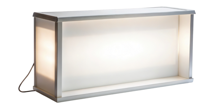 Illuminated lightbox display unit with frosted panel and metal frame isolated on transparent background