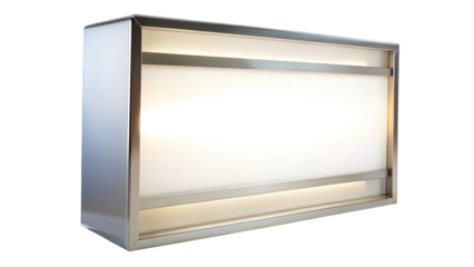 Illuminated modern rectangular ceiling light fixture with diffused white light isolated on transparent background