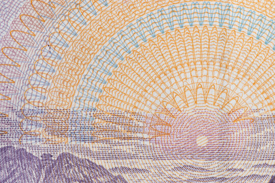 Extreme Macro Detail of Chinese Yuan Banknote Security Pattern Showing Abstract Sunrise Design