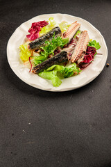 Mackerel salad canned fish, lettuce leaves tasty snack fresh delicious gourmet food table setting rustic food top view copy space keto and paleo diet vegetarian and vegan food pescetarian diet