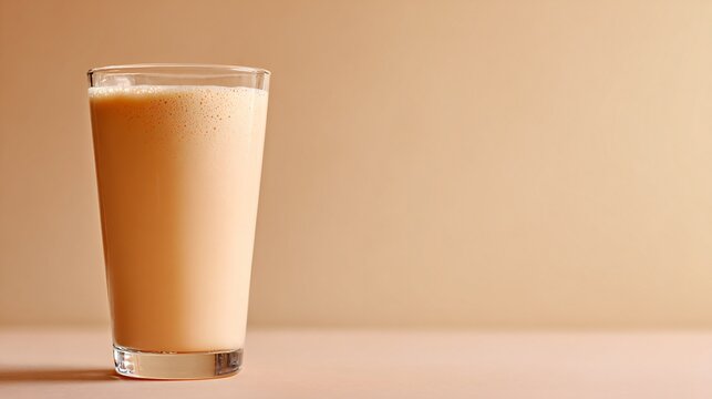 A tall glass of peach milkshake on a pale cream background, soft natural light, minimal shadows, clean composition