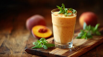A wooden cutting board with peach milkshake glass, fresh mint, and peach pit detail